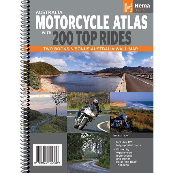 Australia Motorcycle Atlas + 200 Top Rides - Hema Maps - 9781925195132 -Caravan World Australia