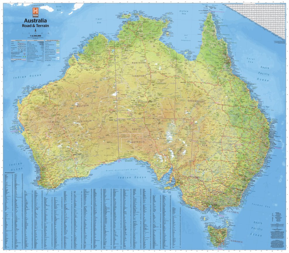 Australia Road and Terrain Wall Map - Hema Maps - 9781922668370 -Caravan World Australia
