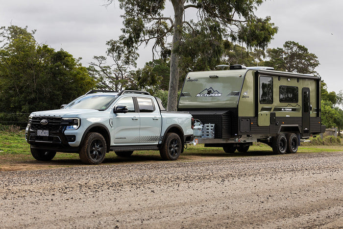 2025 Ford Ranger PHEV towing a Jayco All-Terrain