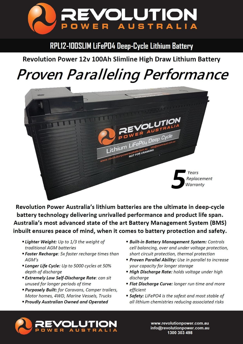 12v 100Ah Slimline High Draw Lithium Battery - Revolution Power - RPL12-100SLIM -Caravan World Australia